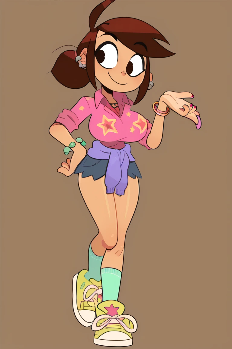 masterpiece, high quality, MabelPines, 1girl, brown hair, long hair, hair band, smile, braces, looking at viewer, nude body, skirt, skirt lift, pussy, shoes, star print, saliva from mouth