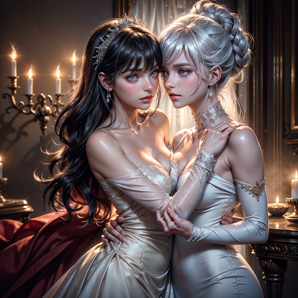 Dramatic composition, court-style dresses, royal, gorgeous, cascading frills, ruffles, bows, crystal chandeliers, Roman curly hairstyles, ponet, double ponytails like drills, look at the camera, bangs, maximalism, palatial background, delicate portrayal of hair and eyes, princess dresses, gorgeous skirts, flowers in hand, smiles, starry eyes, cinematic light, extreme detail, high definition, happy girl, very long hair, diamonds, broken diamonds, crystal fragments, light particles