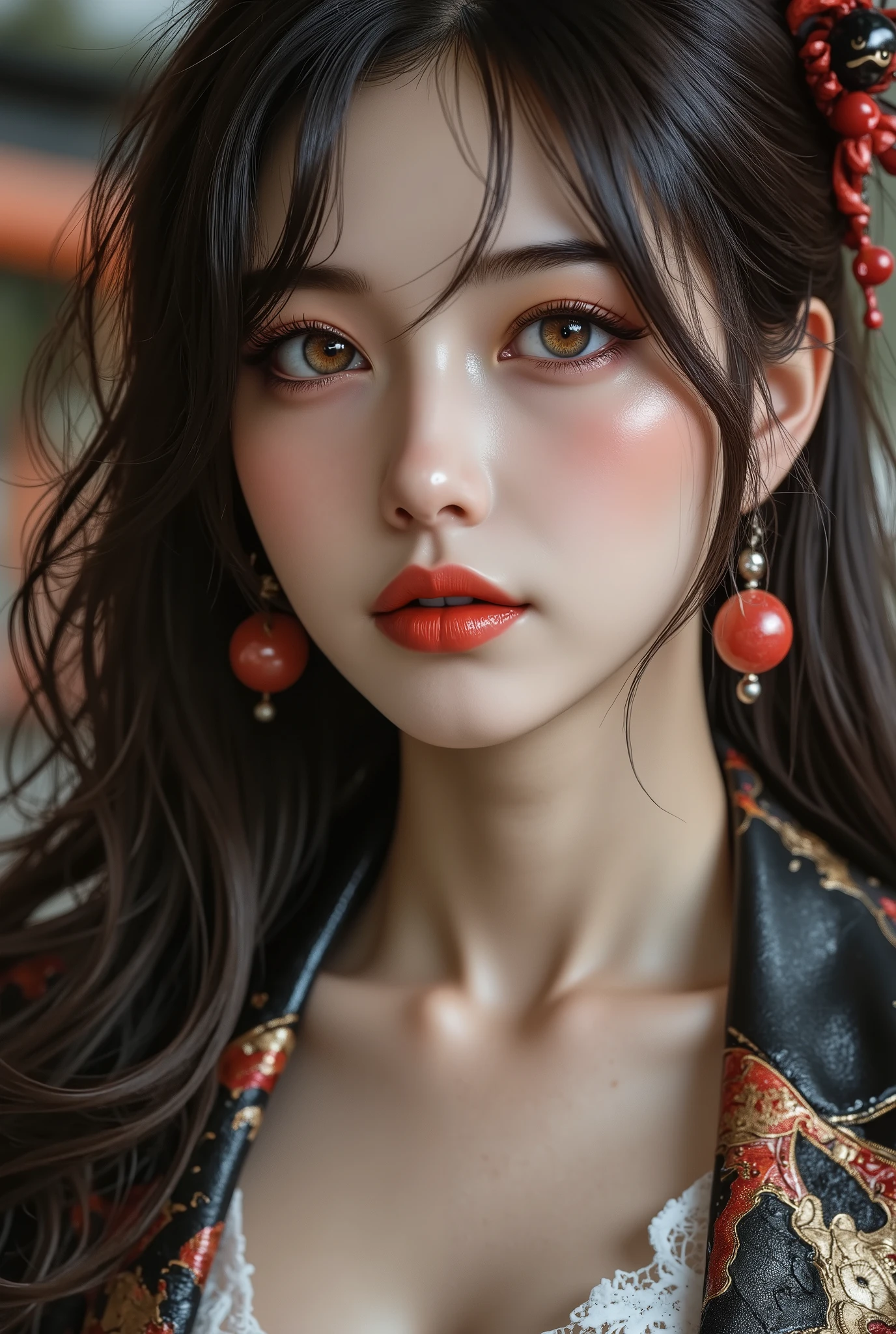  [Style: - "8k, masterpiece, realistic, Photorealistic realism, Hyper high resolution" - "highest quality, intricate ultra-detailed digital art"] (Key Directive: - "The priority is the anatomical accuracy and texture of the materials" - "Ultra-sharp human eyes with biological accuracy") {Character: "full-body shot, beautiful girl , ((Painted Japanese dragon))" | "(firm and full breasts:1.4)]" | Face: "full lips, red lipstick, intense gaze" | Eyes: - "((sharp focus, no blurry eyes, Hyper absurd quality, Hyper details, Hyper realistic black eyes))" - "((extra narrow eyebrows))" - "(Carefully draw Long blue_mascara:1.2)" - "(perfect round eyes)" | Hair: "long hair, dark hair, curls at the ends of the hair, hair above one eye(((long combed to the side)))" | Pose: "elegant pose" Outfit: [Top: "modest office suit (multicolored leather, ((shiny texture)))] [white lace undershirt:1.4"] Environment: "((Mt. Fuji tori))" Lighting: "studio lighting, monochromatic, striking contrast, dramatic shadows" (Rendering engine: "Unreal Engine 5 path tracing, 16K texture maps") | The ultra-Highres,Unreal 5,Subsurface scattering,PBR Texturing,Post-Processing,Anisotropic Filtering,depth of fields,Maximum Sharpness and Sharpness,multi-layered texture,Albedo and Specular maps,Surface Shading,Precise simulation of light-material interactions,perfectly proportions,Octane rendering