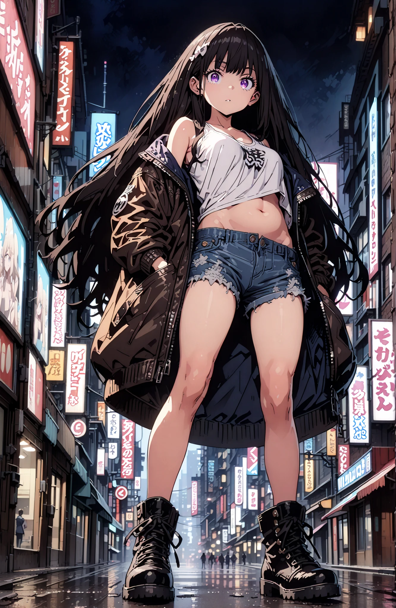 Takiuchikami, check it out, solo,long hair, bungs, black hair with a young pattern, purple eyes,Medium breast,close your mouth,riders jacket jacket,tank top for feet,Underboob,belly button stick,denim micro shorts,Bare legs,boots,hair accessory with both hands in pockets,Nōn,night,standing,angles from below,full bodyがillustrationsに入るように,break outdoors,City,
break looking at viewer,full body,
break (masterpiece:1.2), Best Quality, high resolution, Unity 8k 壁紙, (illustrations:0.8), (beautiful detailed eyes:1.6), very detailed face,  so that it fits into the illustration, Extremely Detailed CG, (perfect hand, perfect anatomy),