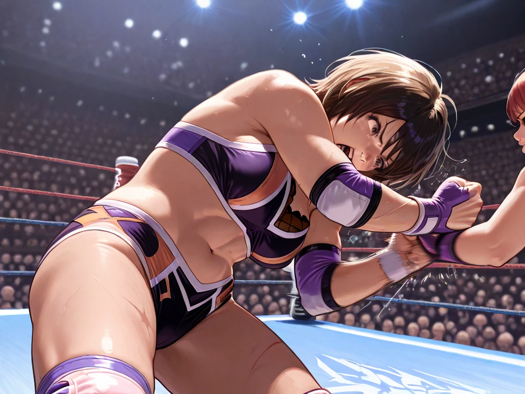 Female professional wrestler、Brown hair in a ponytail、Thick eyebrows、Big Breasts、The ring costume is a plain purple sports bra and plain purple high-leg bikini-style pants.、 I can see your chest、The background is professional wrestling、wa_nagahara, brown eyes, brown hair, long hair, ponytail, high ponytail, breasts, navel, Wristband, belt, open clothes, short sleeves, swimsuit, 比基尼, thigh strap, knee pads, knee boots,比基尼 shifts and breasts are visible、The crotch of your bikini pants is out of place、Crotch is completely visible、The background is a wrestling ring、The venue is a wrestling venue