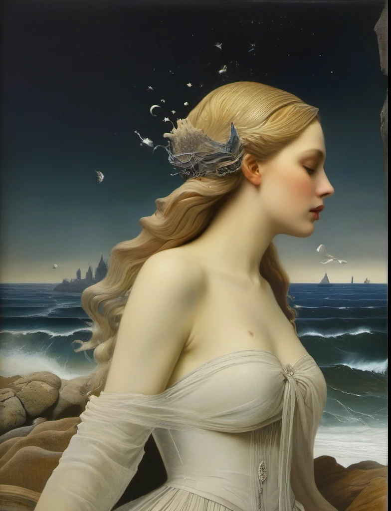 James Gurney, Surrealist art , dream-like, mysterious, Provocative, symbolic, Complex, detailed,, (Gothic but very beautiful:1.4), (masterpiece, Highest quality:1.4) , Nicola Samori Style, Beautiful naked mermaid、myself