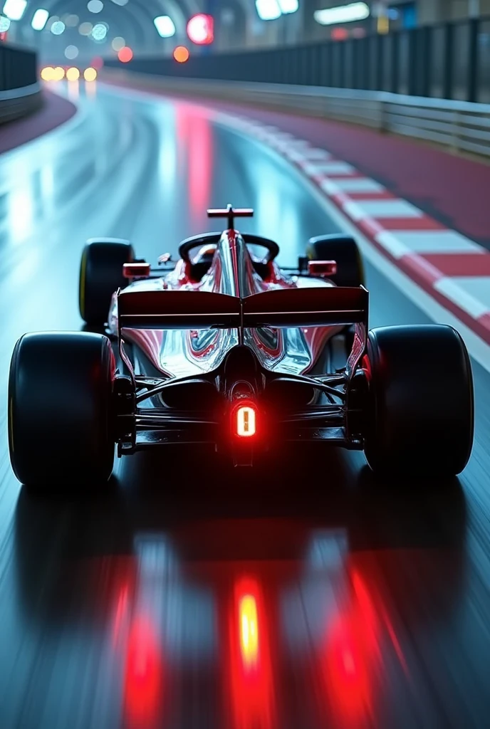 photo realistic zoom in image of F1 car back, back part of the car, rear wing,exhaust, close up shot,psychedelic neon star trail, cinematic motion blur
