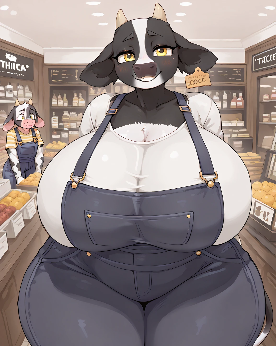 1girl, furry, anthro, canine, dog, poodle, female, dog_ears, curly_hair, black_fur, brown_fur glasses, delivery_driver, baseball_cap ponytail, sidewalk, delivering package, tired, brown_uniform, scooter, breasts_rest topless, breasts on pacage, package blushing breast_grab holding_box