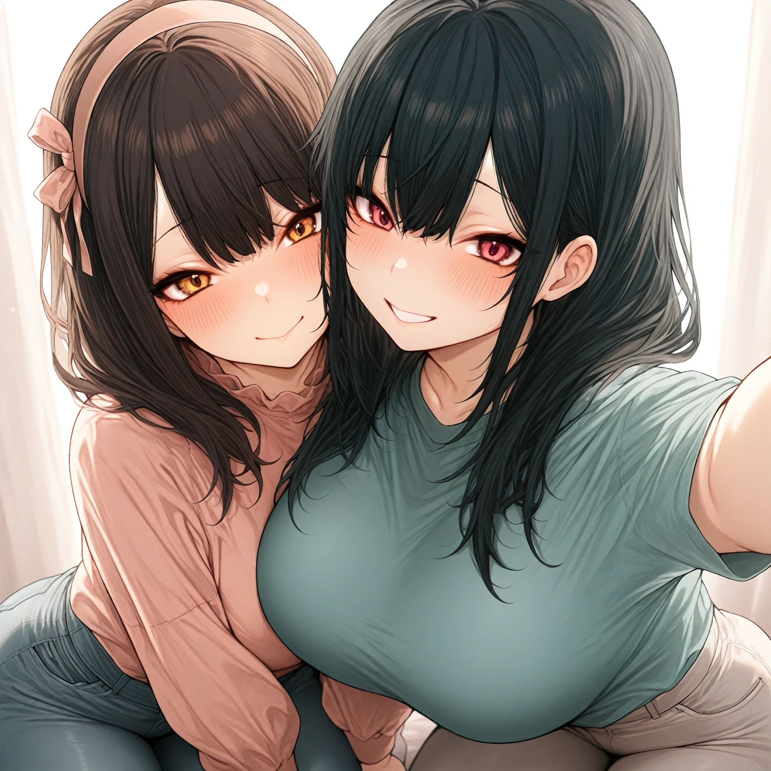 2heads, tall skinny woman with 2 heads. Inside in a college dorm room. Wearing beanie hat. Bare breasts, wearing jeans. Lifting shirt to show breasts. Frizzy black hair. Seductive teasing expression. Four breasts, multibreast. POV selfie, taking a selfie.
