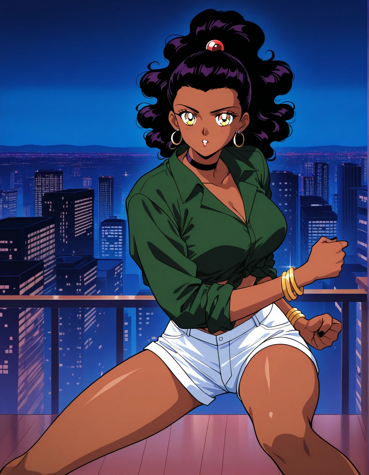 1980s \(style\), (masterpiece, best quality:1.3), 1girl, (dark (dark brown umber:1.2) skin, dark alternative style:1.5), (black african american afro hairstyle:1.7) afro african american 4c hair, (lace black top:2),( cleavage, (big breasts:1.5):1.1) (fully clothed:1.3) (thin small thighs:1.4), (black shorts (high waisted:1.1) alt style:1.2) midriff showing, shiny metal, body blush, (red bows in hair:1.3) (hoop earrings:1.2), black hair, (black frame big glasses on face:1.2),( brown eyes:1.2), smile, silver necklace with glass pendant, alternative style black and silver (chains:1.2),  black strap on arm and thigh, black boots, skatepark, alleyway, graffiti, red city lights, shooting stars, crescent moon,light particles,  moon, moonlight, night, night sky, retro artstyle, <lora:80sv1:0.6> <lora:add_detail:0.2>