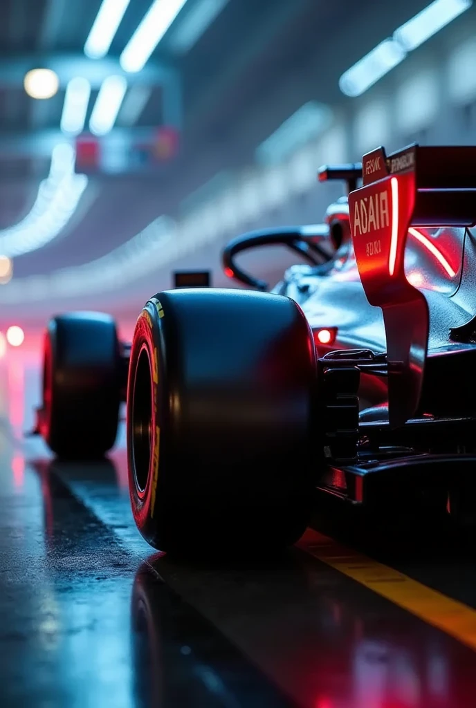 photo realistic zoom in image of F1 car back, back part of the car, rear wing,exhaust, close up shot,psychedelic neon star trail, cinematic motion blur