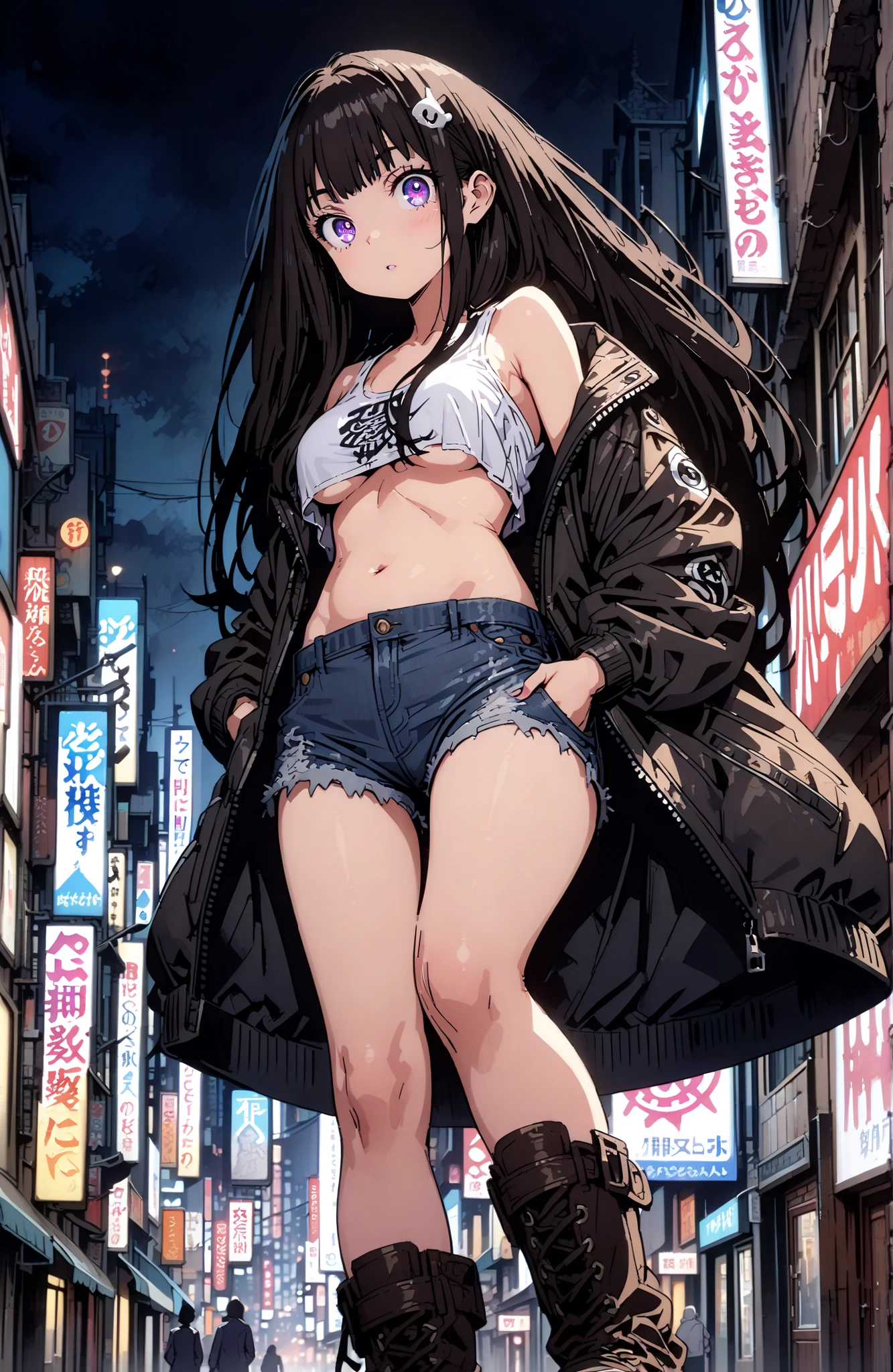 Takiuchikami, check it out, solo,long hair, bungs, black hair with a young pattern, purple eyes,Medium breast,close your mouth,riders jacket jacket,tank top for feet,Underboob,belly button stick,denim micro shorts,Bare legs,boots,hair accessory with both hands in pockets,Nōn,night,standing,angles from below,full bodyがillustrationsに入るように,break outdoors,City,
break looking at viewer,full body,
break (masterpiece:1.2), Best Quality, high resolution, Unity 8k 壁紙, (illustrations:0.8), (beautiful detailed eyes:1.6), very detailed face,  so that it fits into the illustration, Extremely Detailed CG, (perfect hand, perfect anatomy),