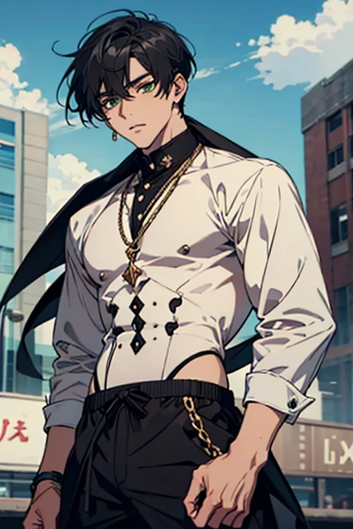 ((tmasterpiece, Need,Business negotiation aesthetics)),1 male solo, Close-up Shot Shot, (Determined eyes),(black suit jacket,White shirt,tiese,trousers),(cabelos preto e longos),(formal outfit),Mature men,(Clear facial features,detailed skin textures,Handsome face),white backgrounid, 耳Nipple Ring,Yellow skin, standing on your feet,(tmasterpiece,top Quority,best qualtiy),(((flatcolors))),Capricorn accessories,Abs,chest muscle,