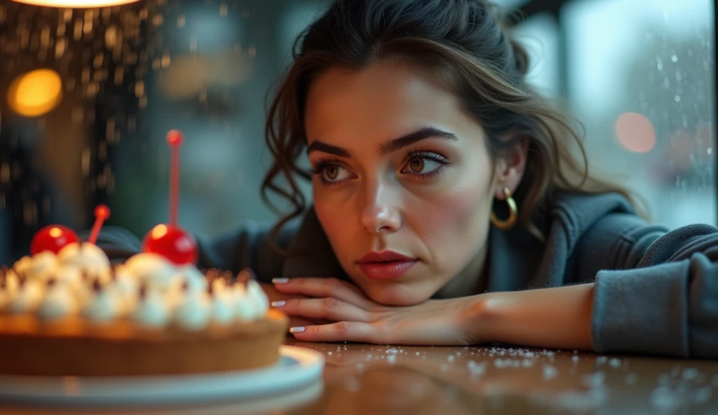 1, there's a girl, mulher gorda, sentado, with his arms resting on the dark wooden table, On the table is a pepperoni pizza, acima do peso, vestir, His face is sad, Tears at the table, pelo rosto, pingando, Cinematographic photo, detalhada,8k, realista