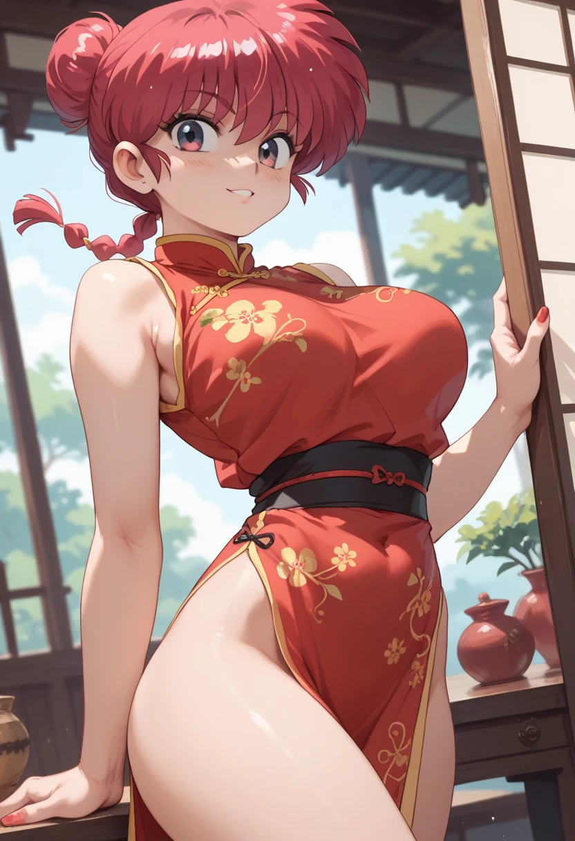 best quality, (masterpiece:1.3), absurdres, highres,16k, ultra high res, official art, illustration,extremely detailed, 1girl, solo, full body, 20yo,
delicate lines tailed face,(top knot bun :1.5), (parted bangs:1.2),
(beautiful pink hair:1.2), (shiny hair:1.2), (beautiful green eyes:1.2), (shiny eyes:1.2), (large breasts), (gleaming skin:1.4),
looking at viewer, from abobve,
(dynamic pose), ((one leg up)), (kick to viewer:1.5), (((cross arms in front:1.5))),
(((laugh with open mouth)))
((red china dress), ((gold dragon) printed china dress):1.2), (white panties)
(cherry blossoms, Chinese style houses)