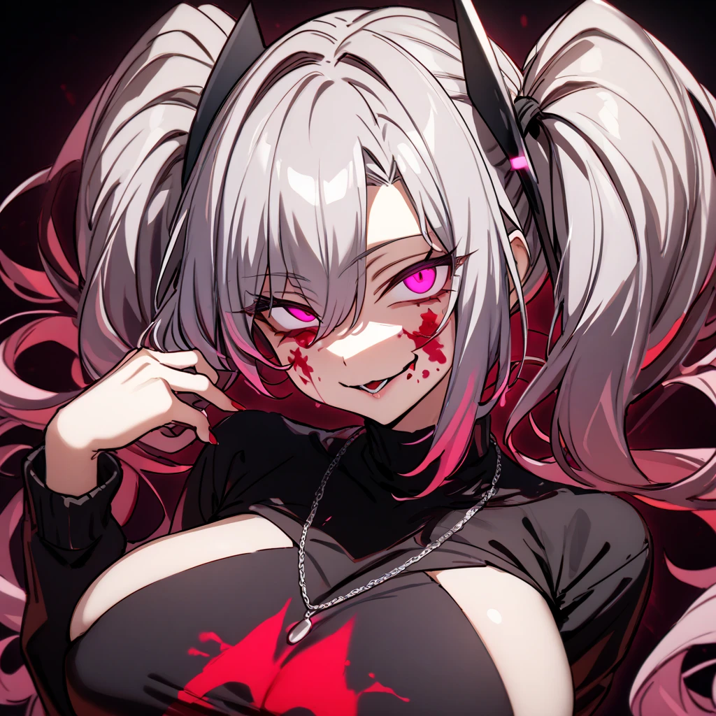 (masterpiece)、(absurdres)、(ultra detailed),Crazy Eyes、despair、Dark Side、closed mouth,Blood droplets、darkness,Blood pool space、Blood dripping background:1.3、(独奏),(silver cat ear on a head:1.1),(lady:1.0),(silver hair),(shortcut hair:1.0),(Messy Hair:1.0)、(Ahoge:1.0)、Orange Eyes、Big Breasts:0.8、choker,sleepy eyes、Cyberpunk jacket、Tshirt,Fingers with red liquid、Licking your fingers、Licking the red liquid with your tongue:1.1、upper body shot,nail:0.9