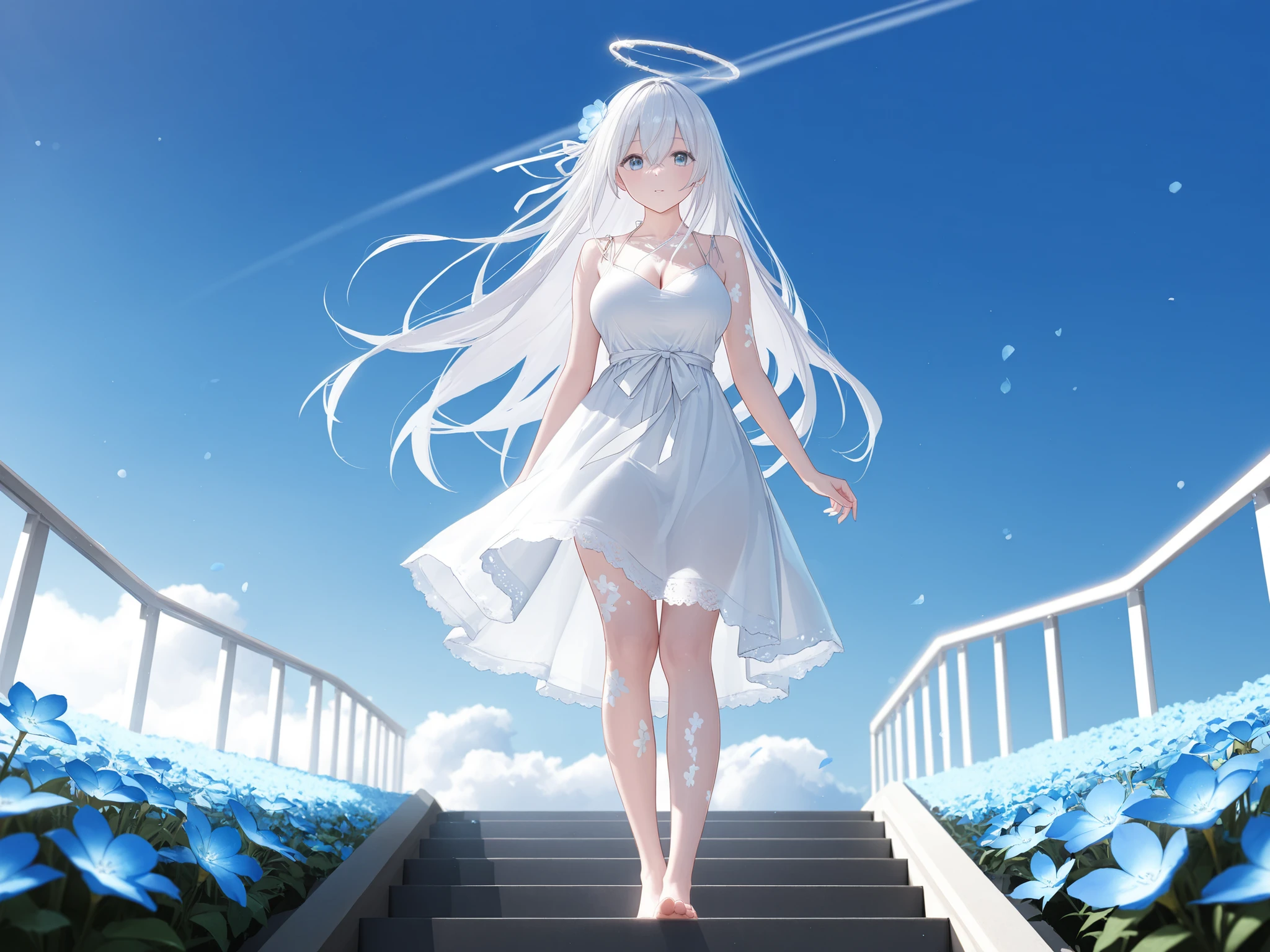 (High CT quality,4k,High resolution,main piece:1.1),Very detailed,Realistic:1.37,Best quality,masterpiece, high resolution,on_body, Tyndall effect,photorealistic, Edge lighting, Two-color lighting,(high definition skin:1.1), (8K UHD, DSLR quality, soft lighting, high quality, surround lighting, sincere, de 8K , 4K, 8K.) The albino girl: She has straight white hair without bangs. She has blue eyes. She is wearing a white lace summer dress with white ribbons at the waist. She walks barefoot On the background : a sunny day, blue sky with light rainbow clouds over an endless field of nemophiles, blue flowers. white transparent-glass staircase leads to the sky standing in the middle of blooming field.