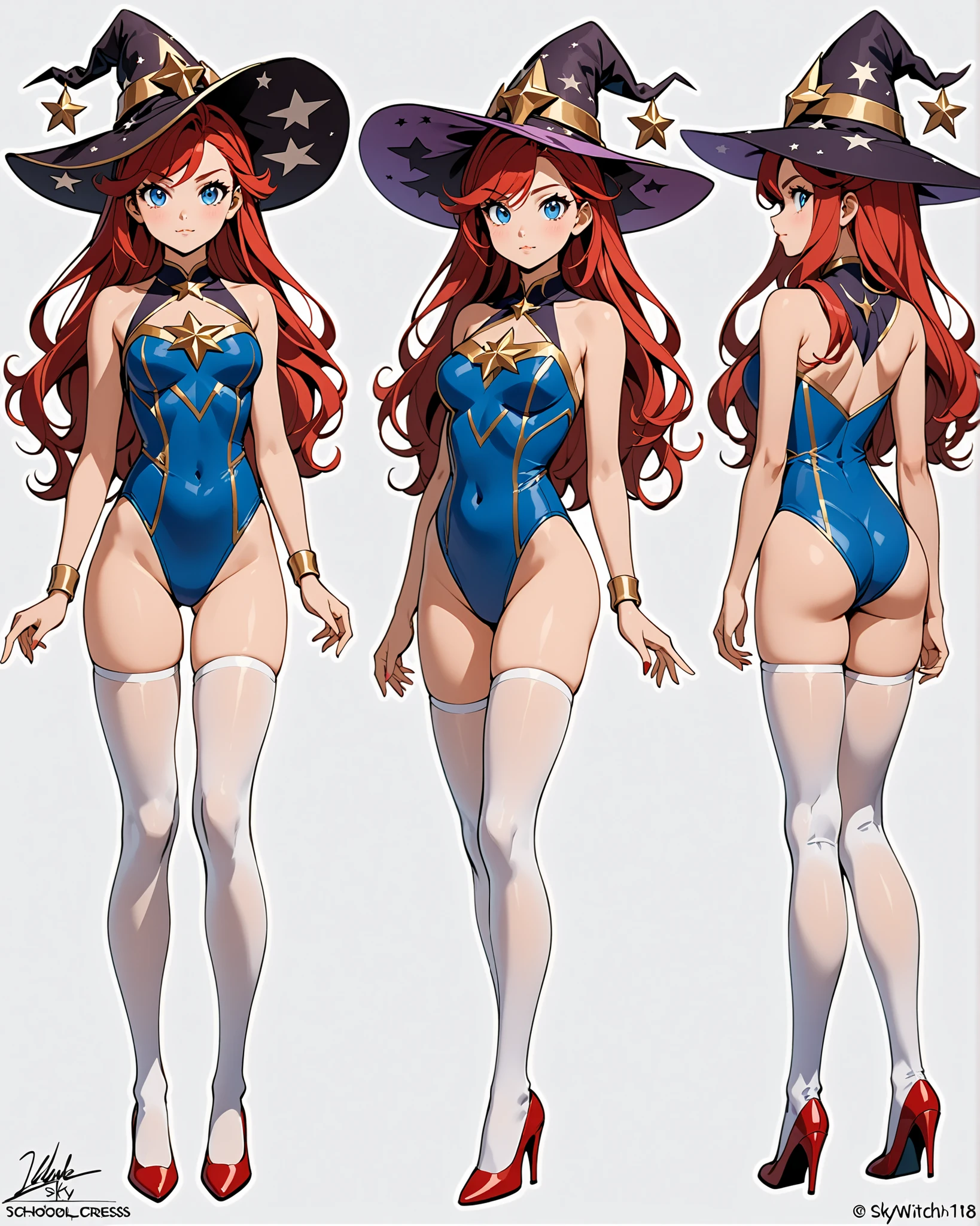 (masterpiece, best quality, high quality, highres:1.2), 1girl, high school student, superhero, superhero sorceress witch, sky witch, (leotard, blue leotard with white accents), bare legs, (blue thigh-highs, red high heels), (witch hat), red hair, long hair, blue eyes, beautiful detailed eyes, beautiful detailed face, cute face, medium breasts, age 16-18, solo, solo focus, wonder, Simple background, Multiple Views, Character Sheet Full-Length.