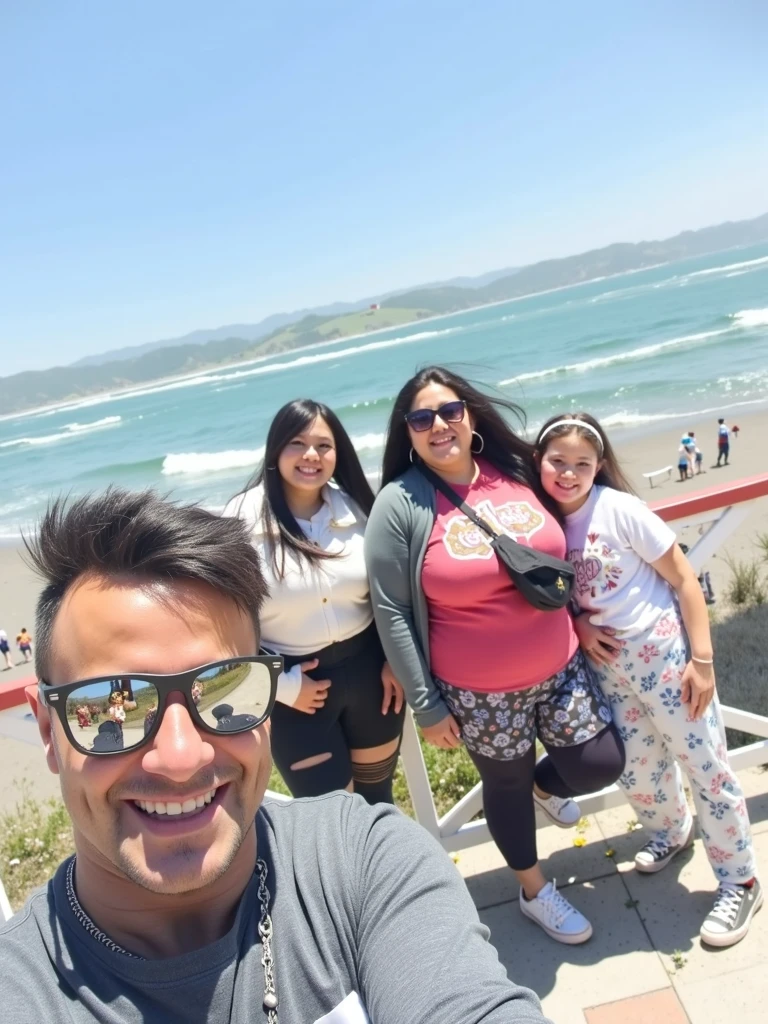 There are three people standing on a pier with a child, standing near the beach, vacation photo, david rios ferreira, O oceano ao fundo, no mar, ao lado do oceano, oceano ao fundo, near the sea, no oceano, perto de um cais, Directed by: Nandor Soldier, Malika Favre, em uma ponte
