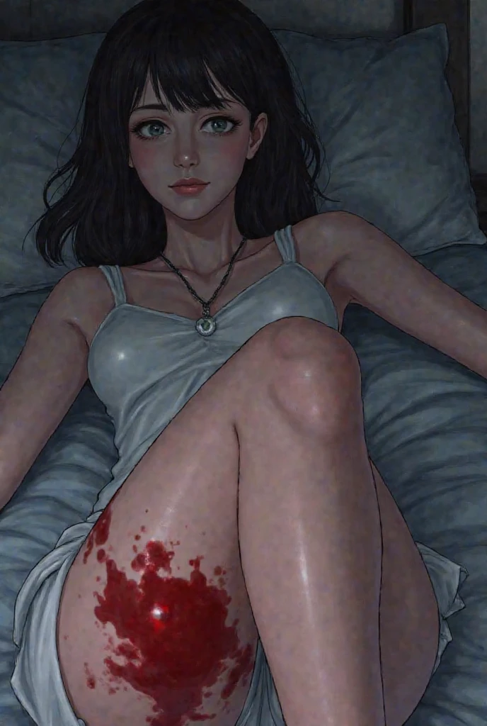 (cuts), full body, thin legs, bleeding, blood, cuts on arms, arm bleeding, cuts on legs, so many cuts, losing blood, bleeding bloody bandages, bleeeding, blood, face cuts, serious, white pupils, big breast, white cute shirt, blue eyes, blonde hair, , short hair, messy hair, bedroom, bed, dark room, dark theme, bloody bed, so many bruises