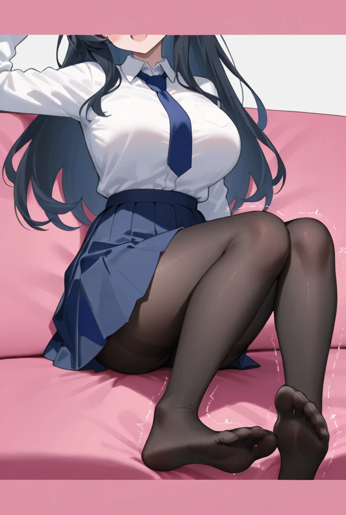 (1 girl), black hair、high school girl、長いblack hair, big lips, anime, beautiful lips,, ((highest quality)), on the bed、soft shading, High resolution, sexy pov, big lips, big lips,x ornament, ornament, duck face, Lip Focus, glossy lips、sweaty、white shirt、skirt、blush in the face from the heat、blush、Ahegao、Baby Face 、smile、2 pairs of unique loose socks、show me the soles of your feet、beautiful feet、black tights、Not barefoot