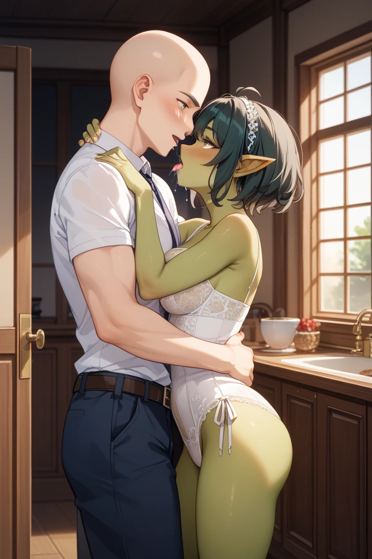 ((man, green hair, wavy hair, green eyes,Short hair))Woman, long wavy hair, pink hair, blue eyes, elf, Big breasts,Kissing the man,