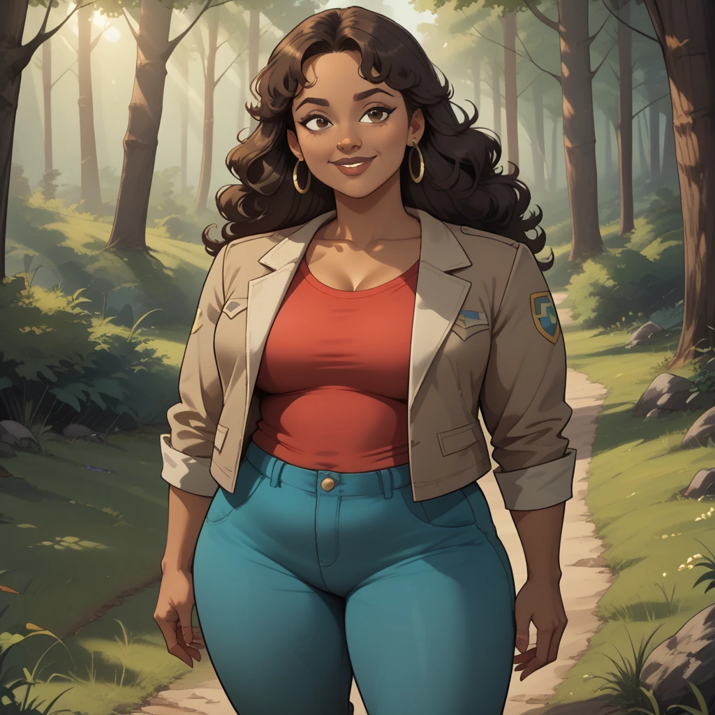A colored pencil sketch of A beautiful woman, A light brown skin tight spandex top, large heaving breasts, skin tight highrise jeans. curvy, thin-waist, wide-hips, swaying-hips. mash up of Nathalie Emmanuel.. She is sitting seductively under a live oak tree.