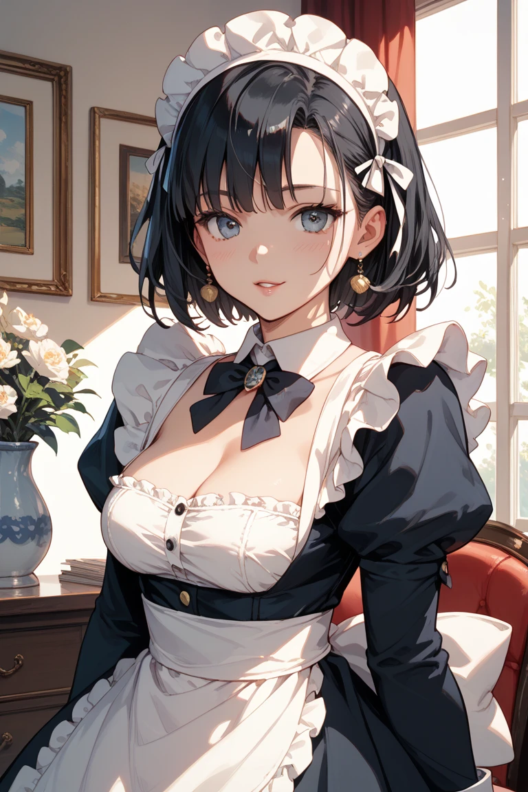(masterpiece, best quality:1.2), Everybody fucks around here, extremely detailed, 1girl, solo, face focus, close-up face, black hair, short hair, maid headdress, black eyes, black irises, long eyelashes, thick eyelashes, looking at viewer, smile, closed mouth, maid dress, black dress, puffy sleeves, juliet sleeves, long sleeves, cleavage, red curtains, large breasts, indoors, renaissance, vintage, window, curtains, black walls, ornate walls,