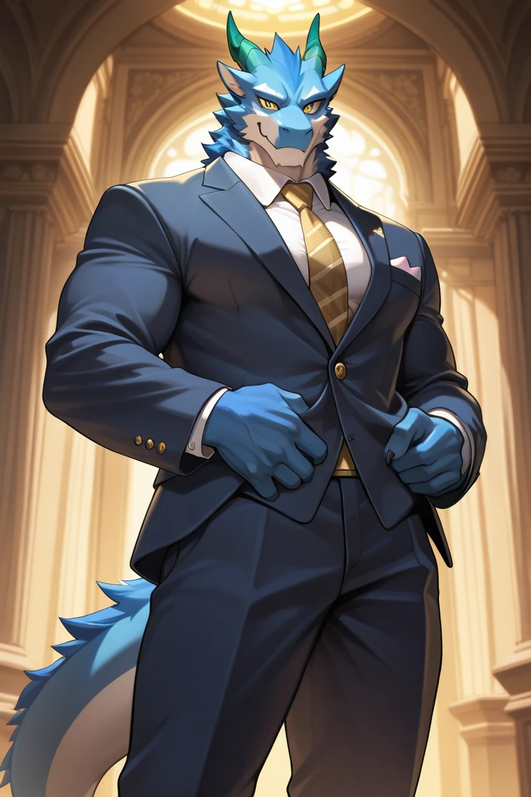 1 whole body picture of male,strong ,big,muscular,blue,blue eyes,white medium facial hair,thick neck,good looking ,sexy ,dragon,has a buge massive penis,in a very tight butler suit,flexing with one arm,hismuscular pecs and arm can be shown,he is smiling,looking at you,pants unzipped shwoing his penis,cum on his penis