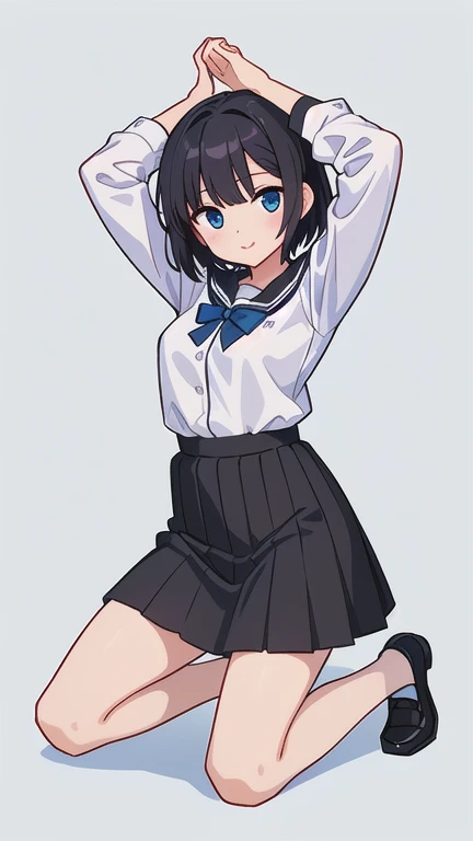 (masterpiece, Highest quality:1.2), One girl, alone,, skirt, Open your mouth, View your viewers, Black Pantyhose, blue skirt, smile, bangs, Antenna Hair, short hair, shirt, white shirt, White background, miniskirt, Raise your arms, Cowboy Shot, Are standing
