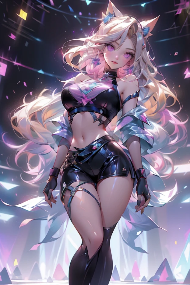colorful, 1girl, mature, grin, v-shaped eyebrows, platinum hair, wild shaggy hair, purple eyes, pink goggles, large breast, holding a steel baton, silver sand, glow, glowing weapon, magnet particles, wallpaper, chromatic aberration,