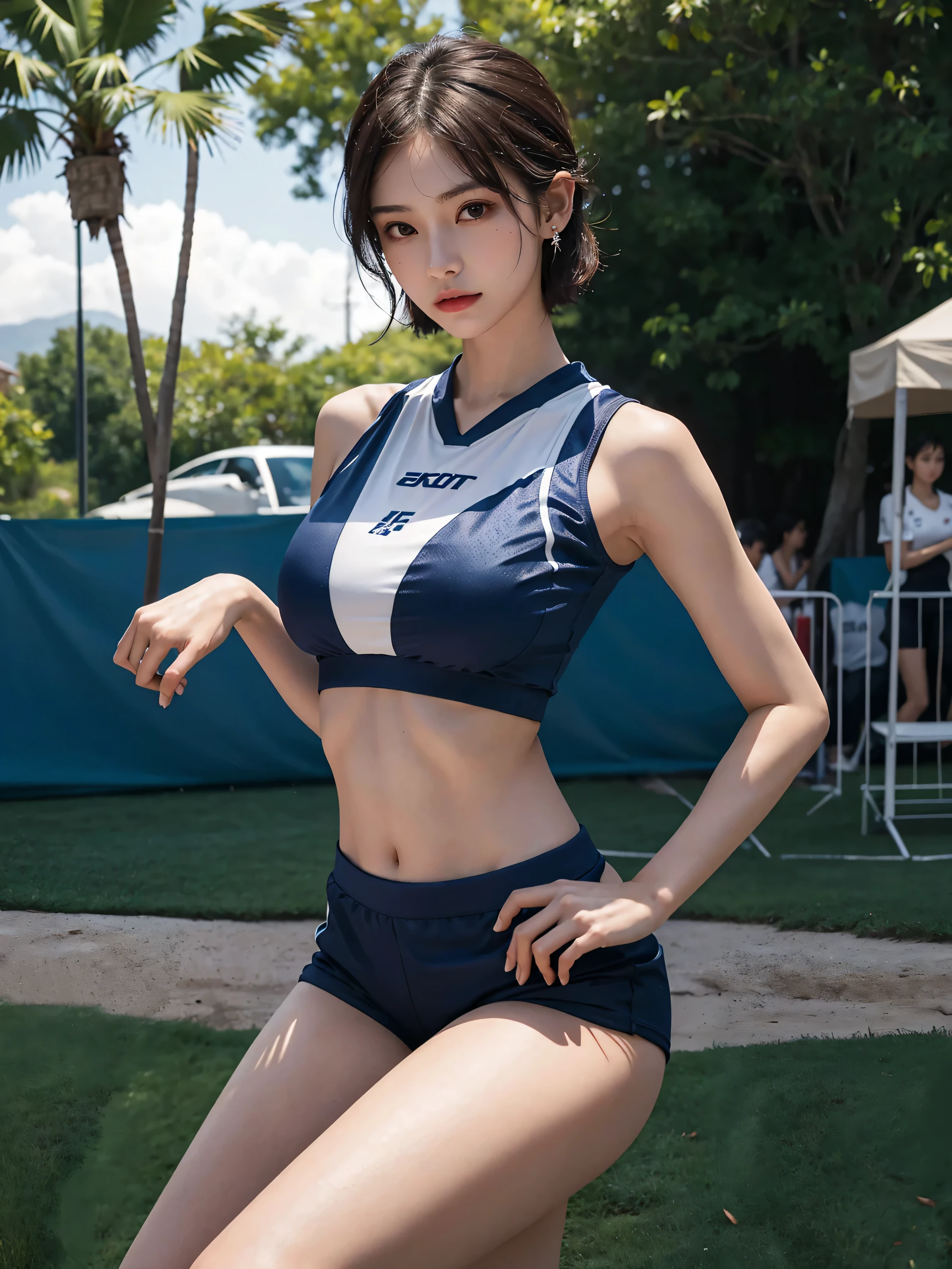 1 girl、Gym suit、athletics stadium、shot from behind、bloomers、spread legs、Wedgie、turn around、（Spread your legs apart）、( small breasts)、（small breasts）、 (best quality: 1.1)、(highly detailed skin), (ultra high resolution:1.0) ,(realistic photo:1.0), (Super detailed:1.0), (8K, Raw photo:1.1)