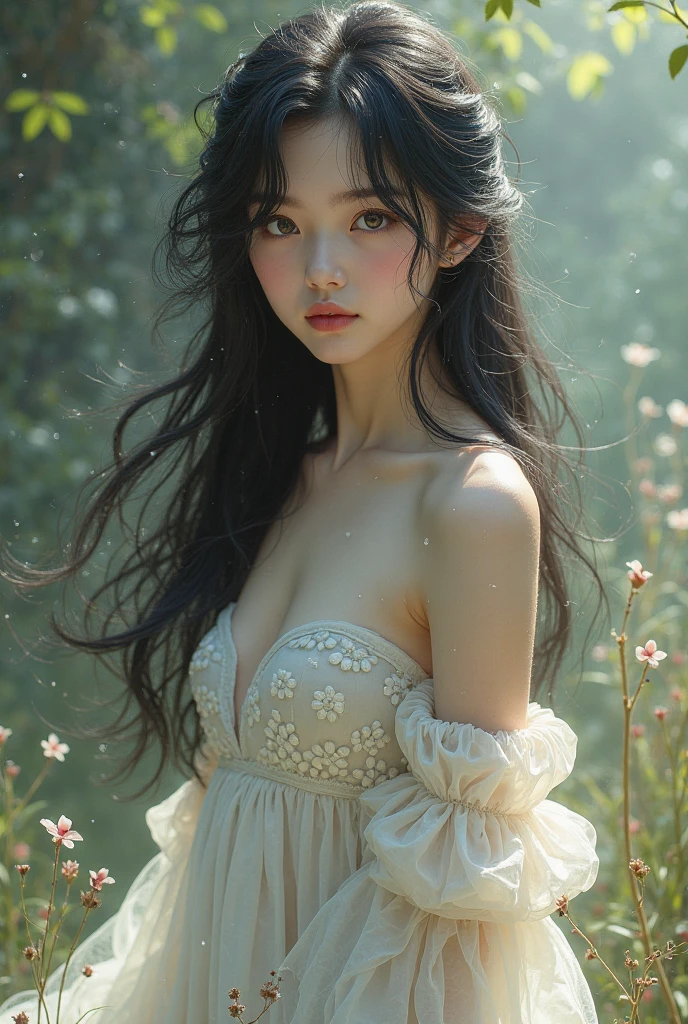 best qality,Jeizuo,super high resolution,(Realism:1.4),นมใหญ่, Blue sky and white clouds,A sea of green grass and flowers,Original photo,24-year-old sexy model,Nice face,Charming eyes,Slim figure,Long hair fluttering in the wind,White transparent gauze garment,White transparent skirt,Messy tops,Half-exposed chest,The shoulder straps slip off,Sexy legs,A skirt that flutters in the wind,Sit on the grass,Warm colors,Dark tones,A bottom-up perspective,incredibly detailed,Super detailed