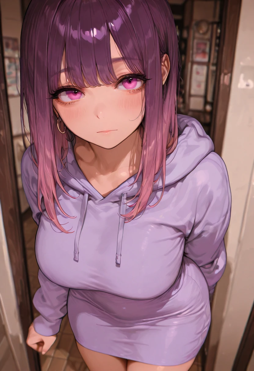 ((solo)), amazing masterpiece, top quality, high fashion, absurdres extremely, HDR, intricate details, vivid colors, housewife, curvy beauty, gradation hair, violet purple hair, pink hair, medium long hair, pink eyes, hoodie dress, indoors, living