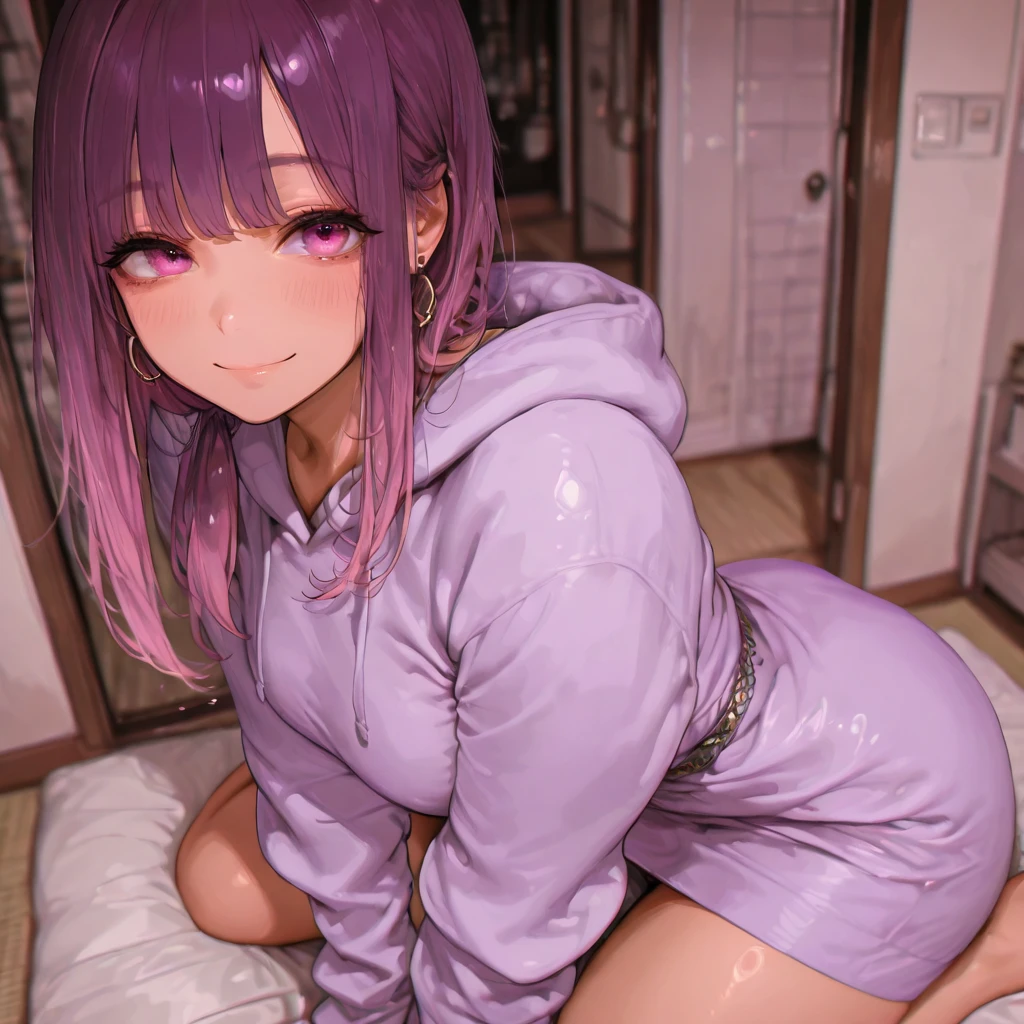 ((solo)), amazing masterpiece, top quality, high fashion, absurdres extremely, HDR, intricate details, vivid colors, housewife, curvy beauty, gradation hair, violet purple hair, pink hair, medium long hair, pink eyes, hoodie dress, indoors, living, sitting, wariza, smiling