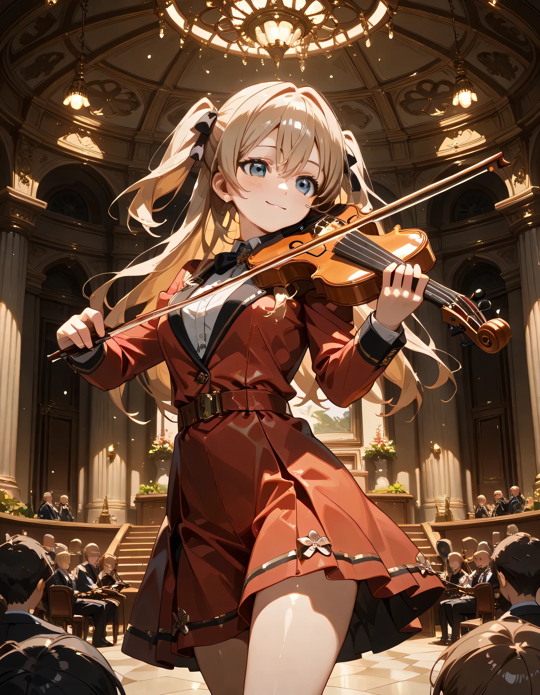 ((ultra-detailed)), (highly detailed CG illustration), (best quality:1.2), ultra-highly detailed, colorful composition, artistic photoshoot, 1girl, solo focus, ((thigh to top:1.4)), ((cowboy shot:1.4)), magazine cover, fake magazine cover, cover, fake cover, price, cover, text focus, barcode, content rating, date, moe anime character, girl, dainty facial structure, (baby face), (round face), ((rounded chin:1.2)), ((ideal ratio body proportions)), celia-default, celia claire, (blue eyes), sparkle eyes, blonde hair color, two side up, (hair ribbon with red), ((play the violin)), ((ultra-detailed violin)), ((best quality violin)), hold a bow in hand, ample breasts, ((red semi formal dress with gold decorations)), from front, expecting, pink cheek, blush, light pink gloss slip, petals glowing and fluttering, best quality, masterpiece, standing in the classical concert hall, orchestra, String players, portrait, dynamic pose, depth of field, soft lighting, sidelighting, (shine), lighting, caustics, ray tracing, smile, perfect face, lustrous skin, highly  detailed face, highly detailed eyes, perfect face, perfect nose, perfect hair, perfect eyes, perfect anatomy, beautiful hair, beautiful small face, extremely detailed face, beautiful detailed eyes, beautiful clavicle, beautiful body, beautiful ample breasts, leavage, breasts squeezed together, equalize the size of the left and right breasts, beautiful thin thighs,  beautiful legs, beautiful fingers, 4 fingers, 1 thumb, lovely, (very detailed background:1.0), (highly detailed background:1.0), spring aesthetic, intricate details, enjoy the performance atmosphere, spring colors palette, chromatic aberration