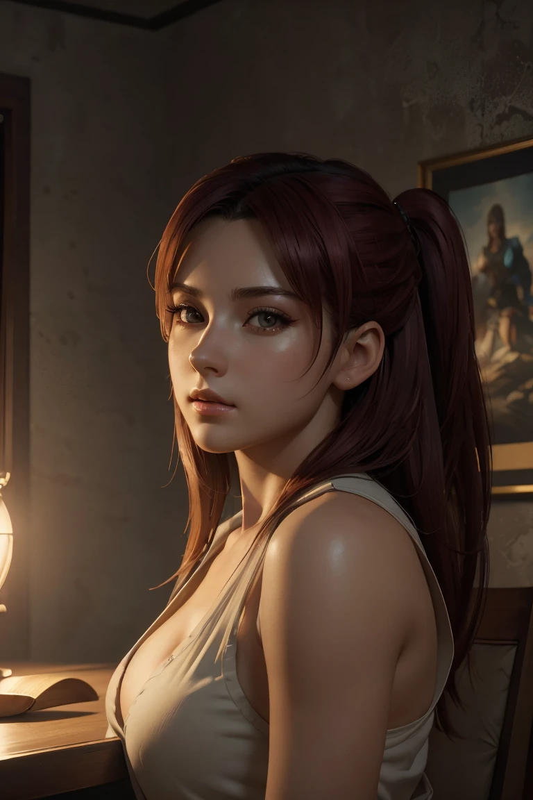 (extremely detailed CG unity 8k wallpaper),(masterpiece),(best quality),(ultra-detailed),(best illustration),(best shadow),(absurdres), Makima, 1girl, ringed eyes, red hair, yellow eyes, sidelocks, upper body, braided ponytail, medium breasts