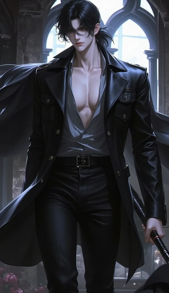 Um jovem homem, cabelo preto comprido, sua franja de cabelo pendurada para cobrir seus olhos, a helpless expression, head down, um longo casaco corta-vento, mangas enroladas, the open jacket, revealing his robust chest and abdominal muscles, wide trousers made of thick cloth, the waist of the pants reaching the navel, hands inserted in coat pockets, he is standing in the dimly lit night on a medieval street in a fantasy style setting, este personagem incorpora um ronin de estilo fantasia-realista finamente elaborado no estilo anime, Characterized by an exquisite and mature manga illustration art style, High definition, melhor qualidade, high resolution, ultra-detalhado, Pintura ultrafina, extremamente delicado, profissional, anatomicamente correto, symmetrical face, olhos e rosto extremamente detalhados, olhos de alta qualidade, criatividade, Foto CRU, Ultra HD, 8K, luz natural, Cinematic lighting, obra de arte-anatomy-perfect, obra de arte:1.5