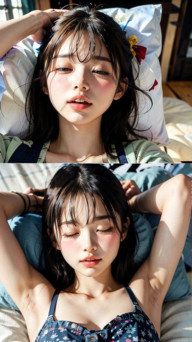 masterpiece, best quality, illustration, Super detailed, fine details, High resolution, 8K,wall paper, perfect dynamic composition,(Details High quality, realistic depiction of eyes:1.3), lie on bed, short hair, (wavy hair:1.2),High school girl uniform、Colossal tits、Disturbed uniform, huge breasts, black hair color, Big Natural Color Lip, bold sexy pose, crying a little、20 year old girl、cute type、hotel room, Sexy shot, make up, (lie on one’s back, sleeping on bed, from above), ((overhead shot)),
