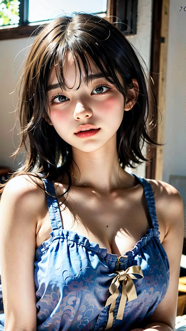 (masterpiece: 1.2, Portraiture, Highest quality), Realistic, (Live Action, Intricate details, Written boundary depth), Highest quality, masterpiece, Attention to detail, semi-Realistic, Sleeping on the grass, shy, 21 years old, Short blonde, blue eyes, blonde、 Slim figure、Shoulder Bare、Shorts 、Blue sky and a few clouds
