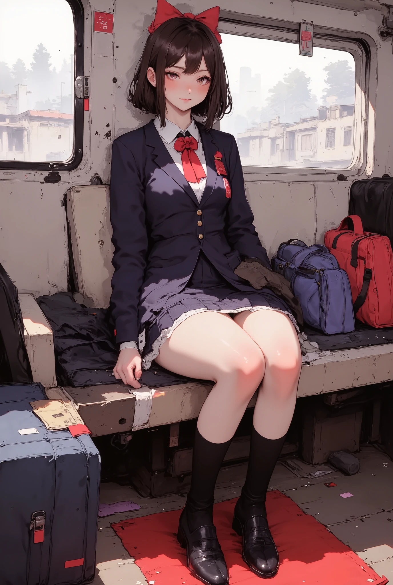 1girl, blushing, smile, high resolution, 4K, solo, beautiful Japanese high school girl, detailed eyes, detailed cute face, puffy cheek, look for another side, sweat, navy blue blazer, white blouse, a red ribbon, navy blue pleated skirt, black sox, loafers, ((brown hair)), middle breast, sitting on train seat, (wide hip:1.4), detailed glossy (thick thigh:1.3), focused on skirt, panties (slightly:0.7) visible, both hands on skirt, (from front:1.2), school bag on train seat, perfect lighting, perfect brightness, vivid colors reflects, (((Macro))), close up shot : 1.8, (((from above:1.8))), 