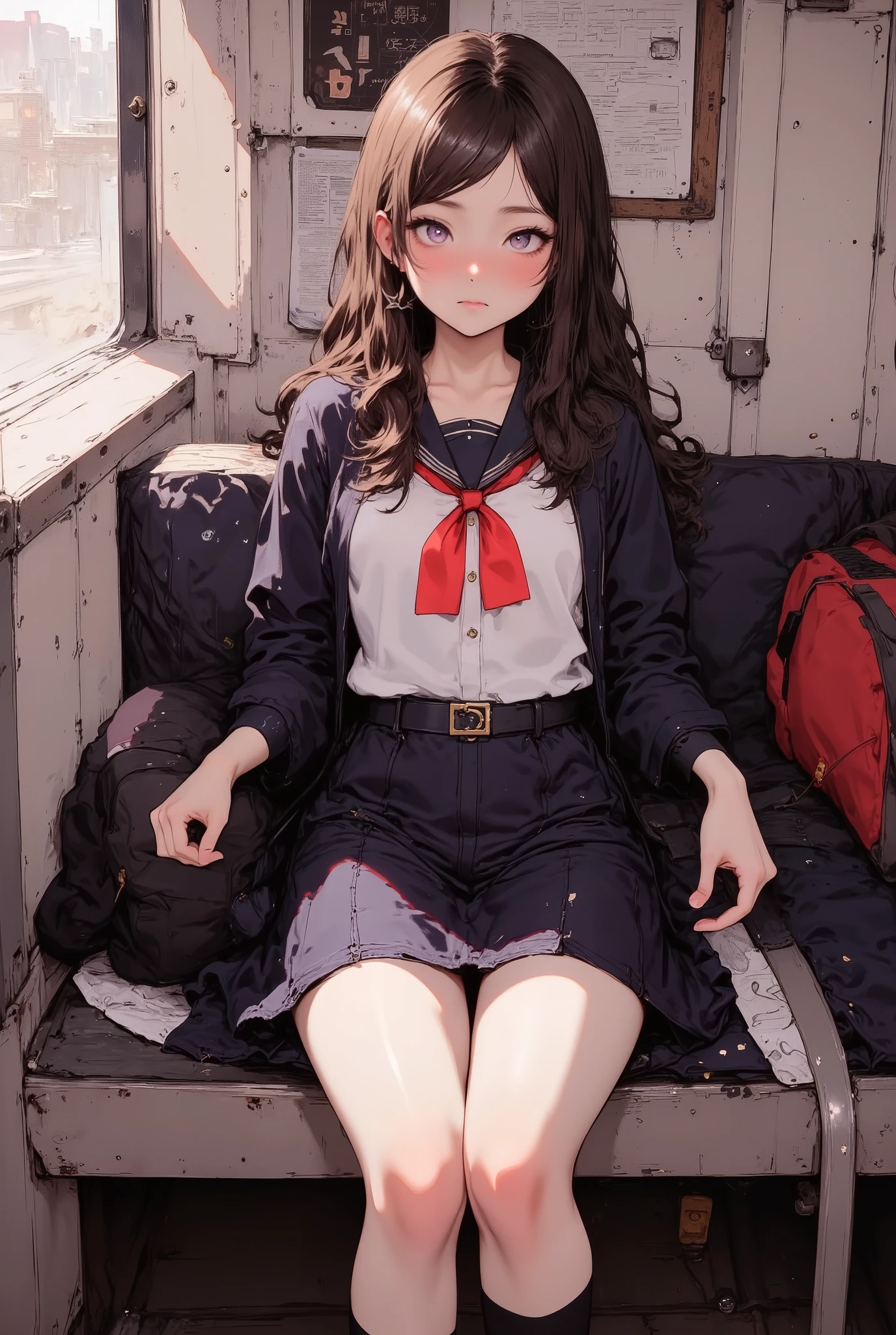 1girl, blushing, smile, high resolution, 4K, solo, beautiful Japanese high school girl, detailed eyes, detailed cute face, puffy cheek, look for another side, sweat, navy blue blazer, white blouse, a red ribbon, navy blue pleated skirt, black sox, loafers, ((brown hair)), middle breast, sitting on train seat, (wide hip:1.4), detailed glossy (thick thigh:1.3), focused on skirt, panties (slightly:0.7) visible, both hands on skirt, (from front:1.2), school bag on train seat, perfect lighting, perfect brightness, vivid colors reflects, (((Macro))), close up shot : 1.8, (((from above:1.8))), 