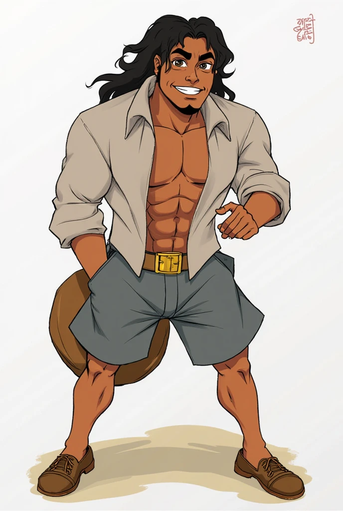 Toned African femboy, male, human, with dark skin, strong but femenine, lean composition, very long black messy untamed hair, shorts, topless, barefoot, slutty clothing, 1980s, Eighties, anime, hooker, jewellery, adult, Miami