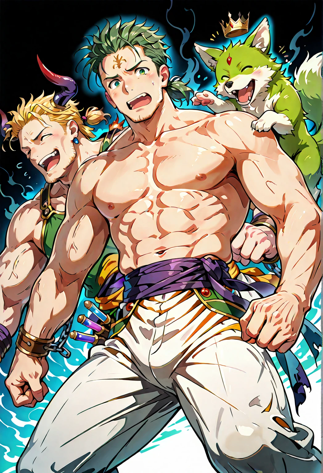 2 men, Muscular shirtless handsome man with green crystal hair touching and scratching and tickling the armpits of a muscular shirtless laughing blonde man in a cavern, hands on another's man armpits , tentacles background, tentacles touching man's armpits 