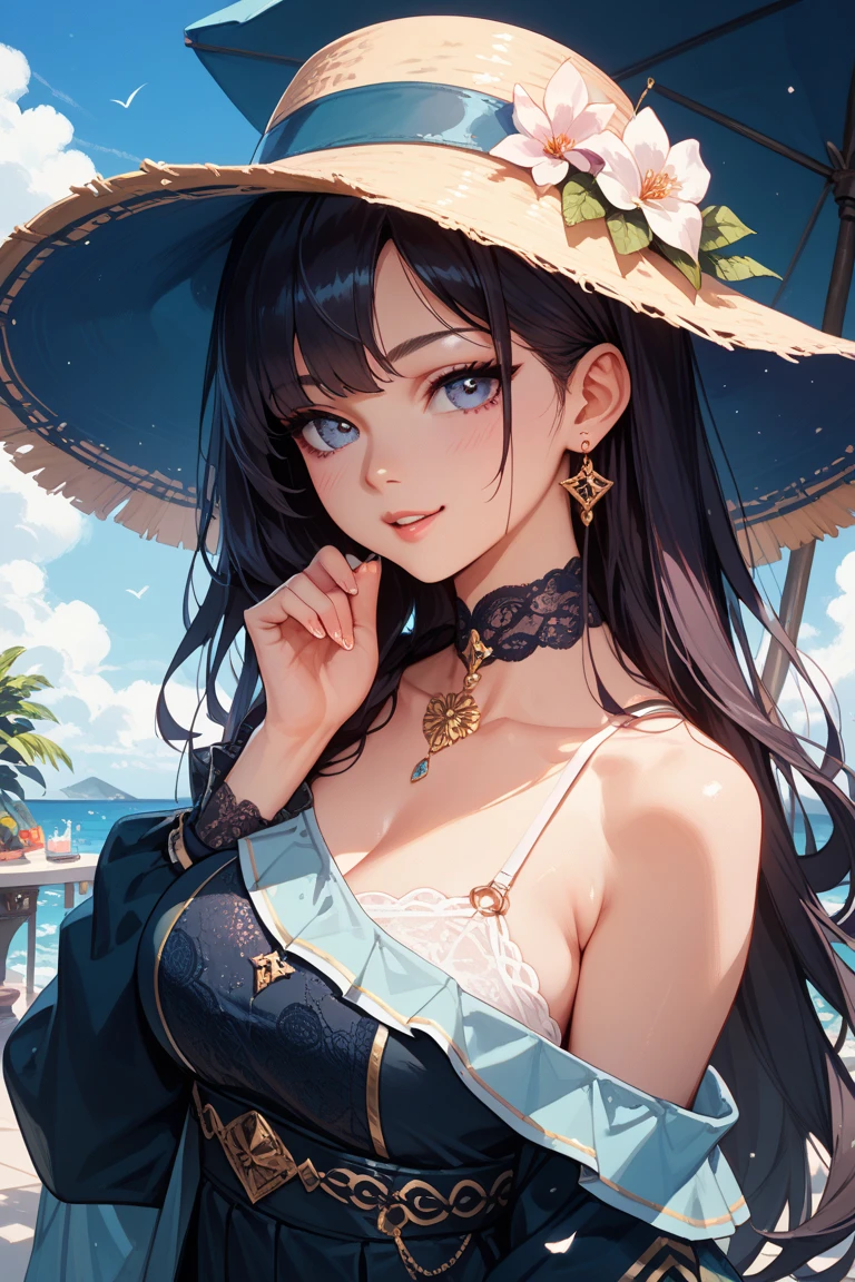 Masterpiece, superlative, girly, young, cute, long black hair, immature, minor, green eyes, at the seaside, fine eye and face portrayal, rosy lips, long eyelashes, portrait, upper body, cute smile, 8k, front light, face glow, face without shadow, greeting light, everyday loose clothes