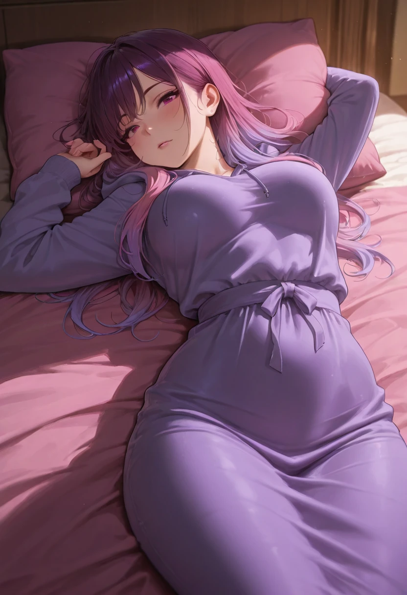 <lora:xl_Fern(pony):1>,fern is a girl with long purple hair and purple eyes,pajamas,bed,, score_9,_up score_8_up,