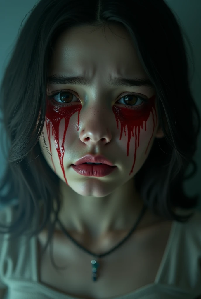 Closeup a scared girl, scared eyes, tears, panic, horror, broken, distorted, sky, a man in the background with a chainsaw, fog, smoke, dark forest, shadow creatures, Junji Ito, masterpiece, ultra high res, high quality, cinematic lighting,