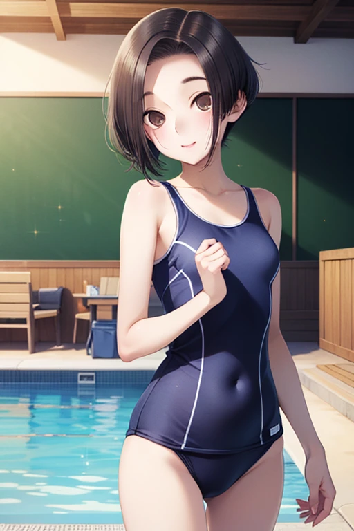 top-quality、Full limbs、complete fingers、Slender beauty、straight haired、poneyTail、knee high、Blue school swimsuit、Small eyes