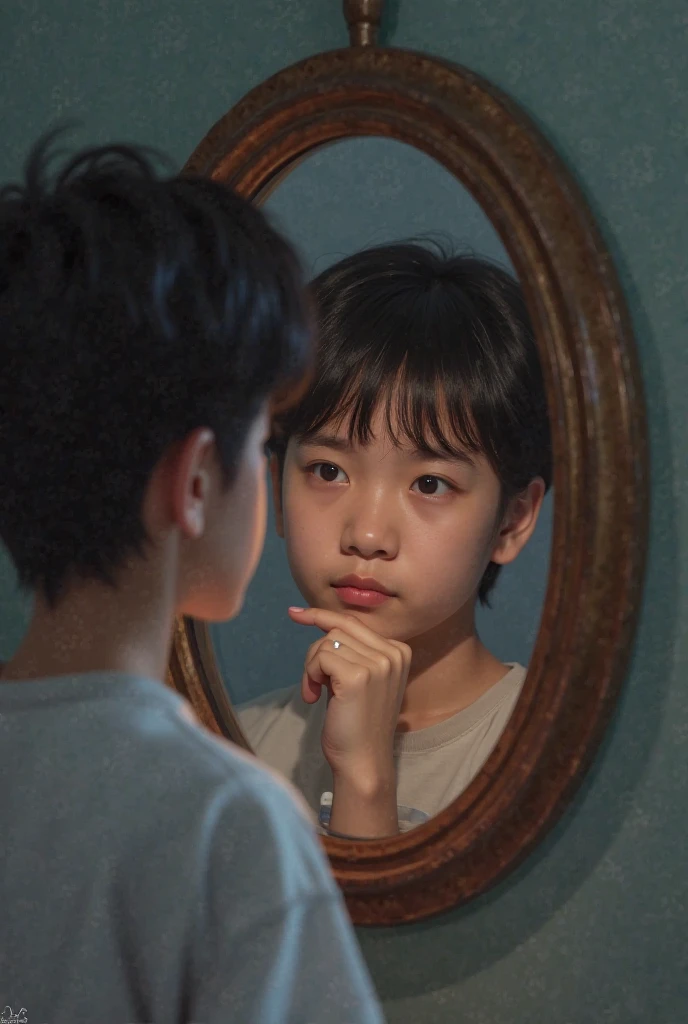 Captivating visual moments,A teenager around 10 years old wearing a Chinese school uniform evokes emotion and fulfillment in front of a mirror, Detailed images of people and reflections in mirrors, Not a teenager in the mirror,It's the boy's dad, The central element of the visual effect should be clear, Well located mirror, Environment -- A quiet and well-lit room, Lightning spread --auto --s2