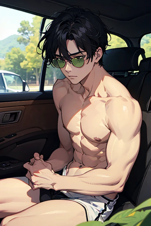 In a spaceship, hot daddy, shirtless, muscular, shorts