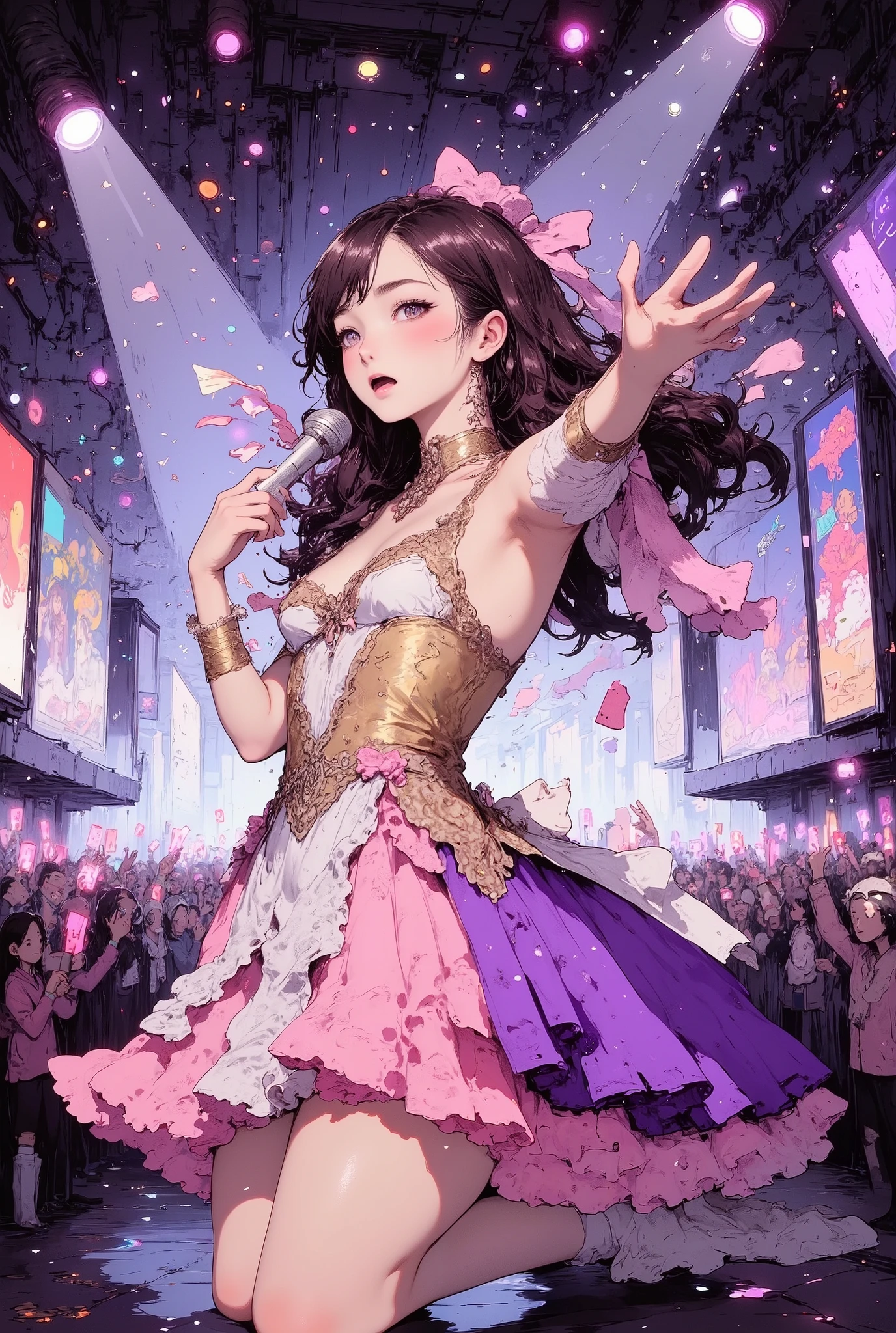 (((Macro))), close up shot : 1.8, profile, (((side view))), from side, On stage, holding a mic, (Enthusiastic atmosphere), ((Pointing with index finger.)), (((all five fingers))), (dynamic poses, Singing with a microphone in hand), close-up face, perfect body, A highly detailed, ultra-realistic digital illustration of a beautiful young japanese female idol performing on a grand, brightly lit live concert stage. She is depicted from the waist up, ensuring her entire head is within the frame. Her long, voluminous chestnut brown hair cascades down her back in soft, bouncy curls, with a few strands elegantly framing her delicate face. Her expressive, almond-shaped eyes are accentuated by subtle makeup, and her lips, painted a soft pink, are slightly parted as she calls out to the audience with enthusiasm, engaging them in the moment. She is adorned in an extravagant, colorful idol costume featuring a short, frilly skirt layered with shimmering fabrics in hues of pink, purple, and gold. The bodice is intricately designed with sequins, lace, and ribbons, creating a dazzling effect under the stage lights. Puff sleeves and a decorative choker necklace complete her ensemble, emphasizing her youthful and energetic appearance. In her right hand, she firmly holds a sleek, wireless microphone, raising it close to her lips as she passionately calls out to the audience. Her left hand is gracefully extended outward, gesturing toward the crowd as she interacts with them dynamically. The background showcases a massive concert stage illuminated by an array of vibrant, multicolored spotlights shining in various directions, casting dynamic beams across the scene. Large LED screens display abstract visuals and patterns, enhancing the lively atmosphere. The stage floor is glossy and reflective, mirroring the dazzling lights above. In the distance, a sea of fans is visible, their silhouettes holding glowing light sticks that sway in unison, creating a mesmerizing wave of colors. The overa