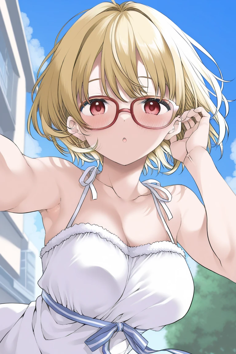anatomically correct,masterpiece, highest quality, 1 girl, looking at the viewer, blue eyes, closed mouth, (Urgent 1:0.7) ,blonde、(masterpiece),(highest quality:1.0), (ultra high resolution:1.0), Detail view, 8K, anime, masterpiece、provocative look　Fair skin　very fine eyes、upper thigh、Highest quality detailed eye, ,sunny meadow background、Detailed、naked、shiny nipples,from below