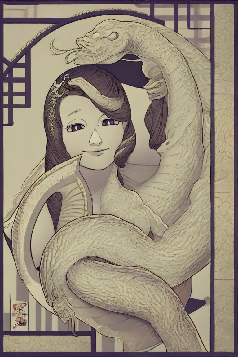 Masterpiece、Highest quality、Super detailed、Boa Hancock\(one piece\),ouroboros, snake eating its own tail, snake with its tail in its mouth, single snake, solo snake, drawn on ancient parchment paper.