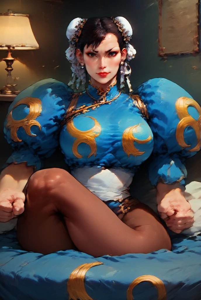 ((Detailed face)),((Mucha's style)),(vulgar),(portrait),Tits that are too big,blue hair,pompadour,(arms behind back:1.2),((addiction to sex))((light-armed man warrior)), half sticking out of clothes,(high position:1.6)